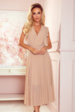 Beige Dress with Neckline and Frills, 7/8 Length Skirt