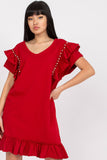 Frill-Trimmed Short Sleeve Dress with Zircon Accents