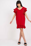 Frill-Trimmed Short Sleeve Dress with Zircon Accents