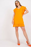 Frill-Trimmed Short Sleeve Dress with Zircon Accents