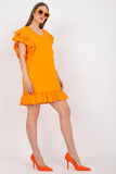 Frill-Trimmed Short Sleeve Dress with Zircon Accents