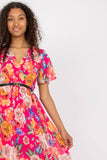 Floral Flared Summer Dress with Belt and Pleated Hem