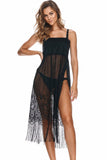 Boho Black Lace Beach Pareo with Tassels and Cut-Outs