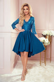 Elegant Asymmetrical Dress with Lace and Flowing Skirt