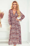 Elegant Chiffon Midi Dress with Deep Neckline & Long Sleeves
