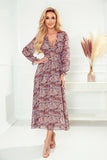 Elegant Chiffon Midi Dress with Deep Neckline & Long Sleeves