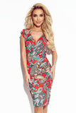 Colorful Fitted Dress with Envelope Neckline & Short Sleeves