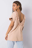 Short Sleeve Blouse with Round Neck and Frill Cut-Out