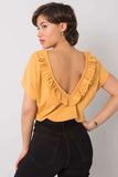 Short Sleeve Blouse with Frill Trim and Deep Cut-Out Back