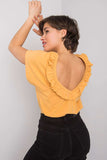Short Sleeve Blouse with Frill Trim and Deep Cut-Out Back