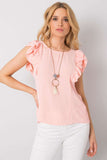 Frilled Short Sleeve Blouse with Round Neckline and Cutout
