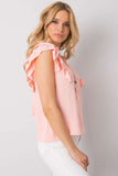 Frilled Short Sleeve Blouse with Round Neckline and Cutout