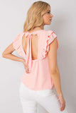 Frilled Short Sleeve Blouse with Round Neckline and Cutout