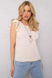 Frill Short Sleeve Blouse with Round Neckline and Cutout Back