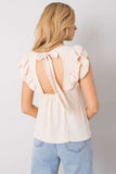 Frill Short Sleeve Blouse with Round Neckline and Cutout Back