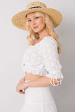 Chic Openwork Short Sleeve Blouse with Front Tie Detail