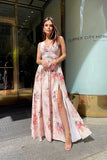 Floral Airy Long Dress with Slit and Delicate Neckline