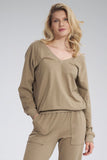 V-Neck Cotton Sweatshirt with Ribbed Hem and Back Tape
