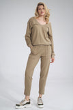 V-Neck Cotton Sweatshirt with Ribbed Hem and Back Tape