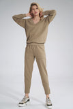 V-Neck Cotton Sweatshirt with Ribbed Hem and Back Tape