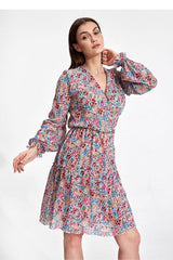 Airy Mini Dress with Long Sleeves and Ruffled Skirt - multicolor / S/M