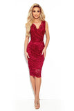 Elegant Maroon Lace Midi Dress with Envelope Neckline