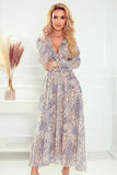 Elegant Chiffon Midi Dress with Long Sleeves and Pattern