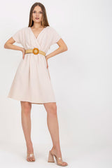Flared Envelope Front Dress with Braided Belt - beige / S