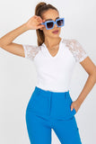 Elegant short-sleeve blouse with a heart neckline and lace.