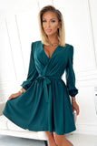 Bottle Green Feminine Dress with Envelope Neckline