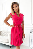 Raspberry Pleated Dress with Envelope Neckline and Belt