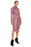 Multicolor Print Midi Dress with Tied Belt and Collar