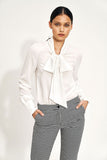 Ecru Blouse with Decorative Neckline Sash and Elegant Cuffs