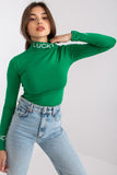 Fitted Long Sleeve Turtleneck Cotton Blouse with Lettering