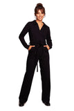 Chic Wide-Leg Suit with V-Neck and Belted Tie Detail