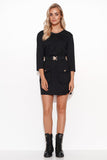 Chic Knitted Mini Dress with Leather Trim and Gold Accents