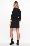 Chic Knitted Mini Dress with Leather Trim and Gold Accents