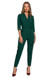 Versatile Jumpsuit with Shawl Collar and Waist Tie