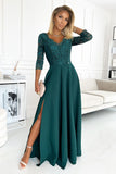 Elegant Lace Dress with Unique Neckline and Slit in Green