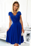Cornflower Chiffon Dress with Lace Neckline & Cutout