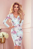 Floral Fitted Dress with Envelope Neckline and Long Sleeves