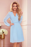 Elegant Blue Pleated Chiffon Dress with Long Sleeves