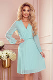 Mint Pleated Chiffon Dress with Long Sleeves & Neckline