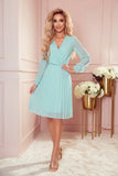 Mint Pleated Chiffon Dress with Long Sleeves & Neckline