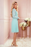 Mint Pleated Chiffon Dress with Long Sleeves & Neckline