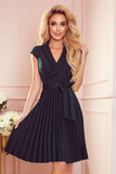 Elegant Pleated Dress with Envelope Neckline and Belt