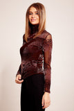 Elegant Velvet Pattern Turtleneck Blouse with Long Sleeves