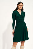 Autumn Midi Dress with Envelope Neckline and Creased Waist