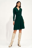 Autumn Midi Dress with Envelope Neckline and Creased Waist