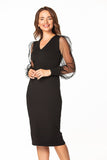 Elegant Midi Dress with Pointed Neckline and Tulle Sleeves